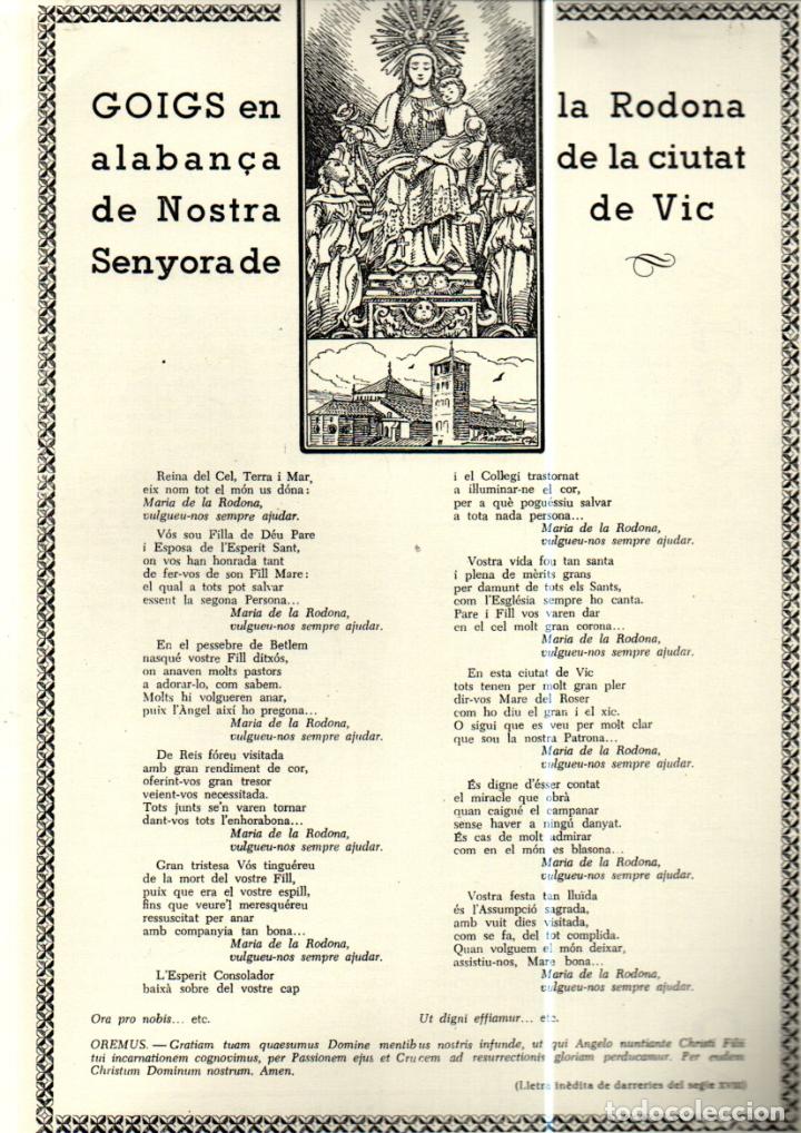Collectionnisme: GOIGS DE NOSTRA SENYORA DE LA RODONA - VIC (IMP. GUINART, 1963)