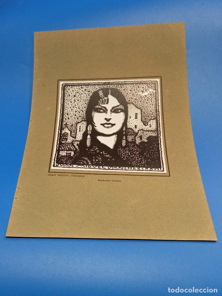 Collecting paper: LAMINA CON DIBUJO DE JU&Aacute;N MIGUEL S&Aacute;NCHEZ. MUCHACHA TRAINERA. 14 X 14 CM