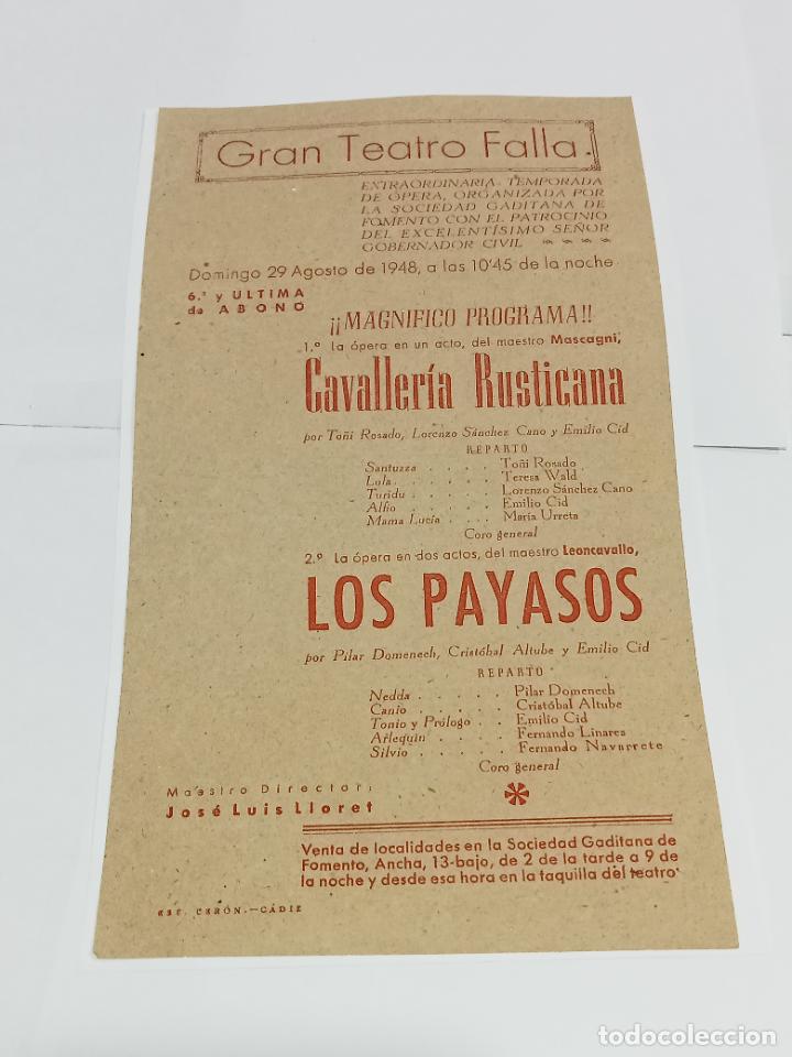 Colecionismo: CARTEL GRAN TEATRO FALLA. 1948. CAVALLER&Iacute;A RUSTICANA / LOS PAYASOS. 12 X 21. VER