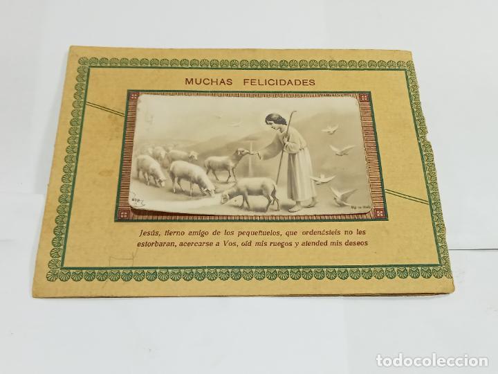 Collezionismo: TARJETA FELICITACION CON IMAGEN DE JESUS CON CORDEROS. MANUSCRITA. PRECIOSA LETRA. VER INTERIOR