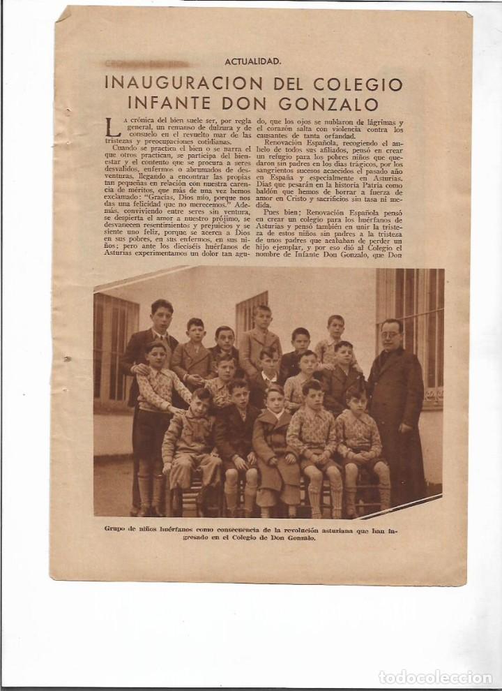 Coleccionismo: A&Ntilde;O 1936 RECORTE PRENSA INAUGURACION EL COLEGIO INFANTE DON GONZALO HUERFANOS DE ASTURIAS