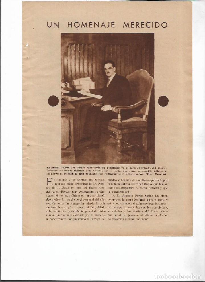 Coleccionismo: A&Ntilde;O 1936 RECORTE PRENSA HOMENAJE ANTONIO PEREZ SASIA DIRECTOR BANCO CENTRAL RETRATO OLEO SALAVERRIA