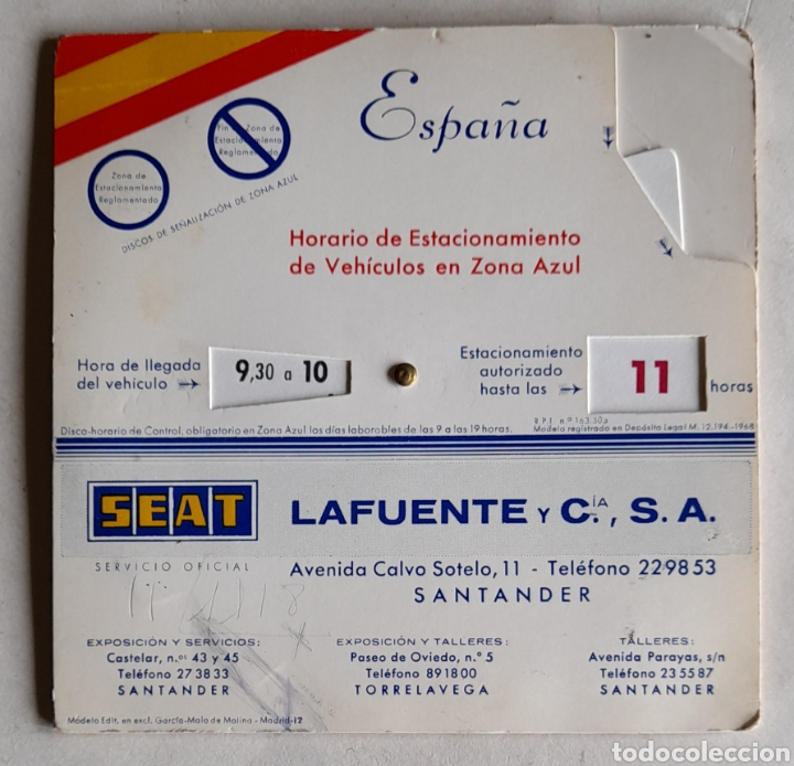 Coleccionismo: SANTANDER. Disco control horario de Estacionamiento de veh&iacute;culos. SEAT LAFUENTE. 1973