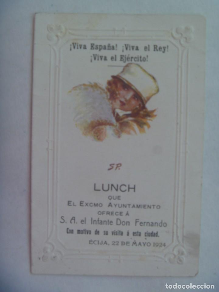 Coleccionismo: MENU DEL LUNCH OFRECIDO POR AYUNTAMIENTO DE ECIJA AL INFANTE DON FERNANDO. ECIJA 1924