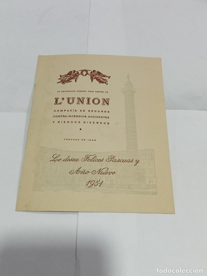 Sammelleidenschaft Papier: PUBLICIDAD. DELEGACI&Oacute;N GENERAL L'UNION. SEGUROS. FELICITACI&Oacute;N PASCUAS 1951. VER. 12 X 15