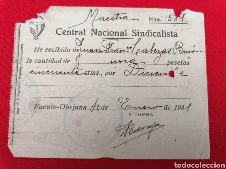 Coleccionismo: FUENTE OBEJUNA. C&Oacute;RDOBA. CNS. CUOTA ENERO 1941