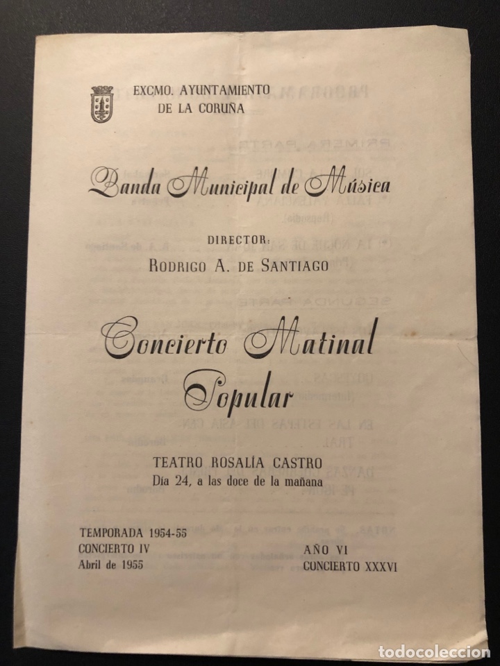 Coleccionismo: Programa teatro Rosal&iacute;a De Castro La Coru&ntilde;a 1955 banda municipal Rodrigo A De Santiago 7