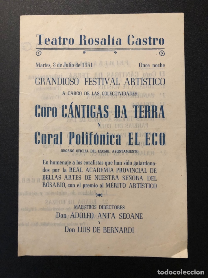 Coleccionismo: Programa teatro Rosal&iacute;a De Castro La Coru&ntilde;a 1951 coro cantigas da terra coral polifonica el eco 7