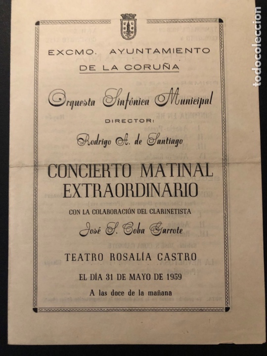 Coleccionismo: Programa teatro Rosal&iacute;a De Castro 1959 clarinetista jose coba garrote Rodrigo A De Santiago 7