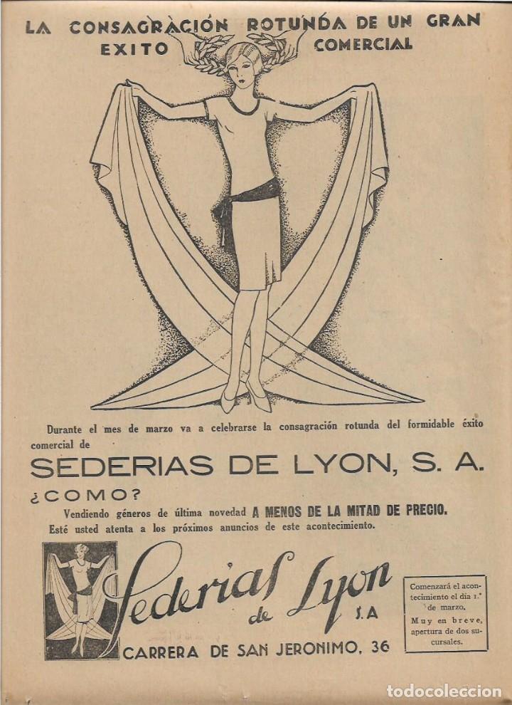 Colecionismo: A&Ntilde;O 1929 RECORTE PRENSA PUBLICIDAD SEDERIAS DE LYON MADRID COMERCIO MODA TIENDAS