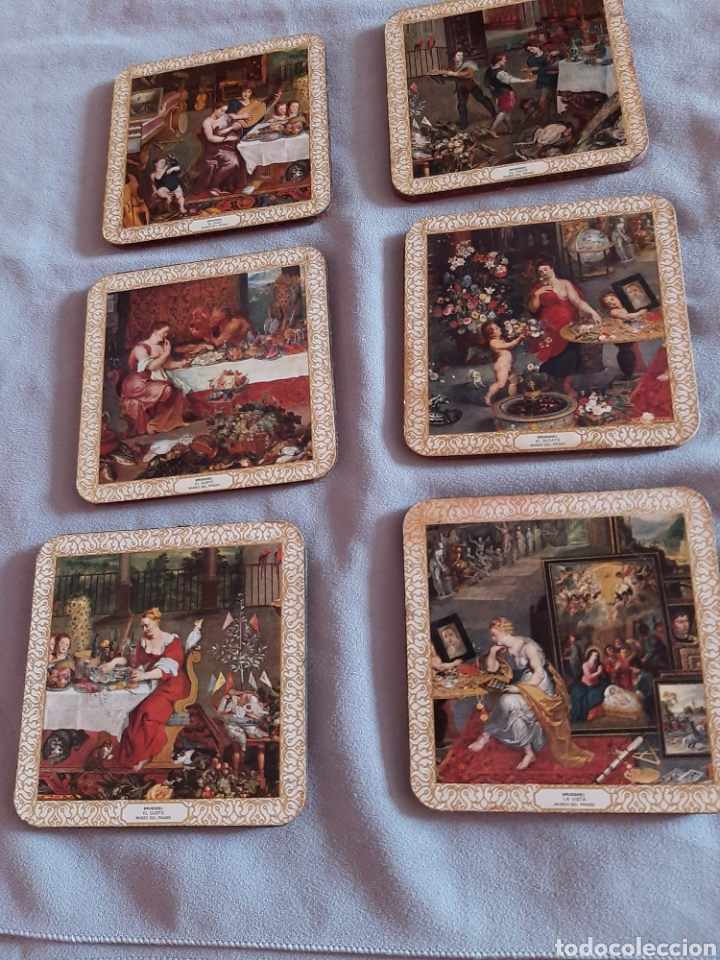 Coleccionismo: Lote 6 antiguos posavasos pintor Brueghel motivo sentidos Museo Prado