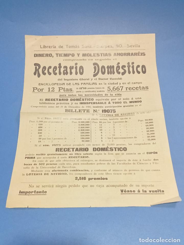 Coleccionismo: PUBLICIDAD. LIBRERIA DE TOMAS SANZ, SEVILLA. RECETARIO DOMESTICO. 1910. VER DORSO