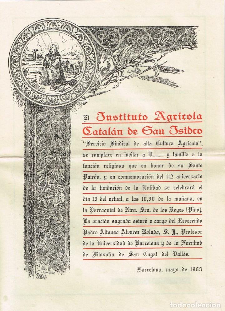 Coleccionismo: 1963 INSTITUTO AGRICOLA CATAL&Aacute;N SAN ISIDRO INVITACI&Oacute;N OFICIO RELIGIOSO + EXCURSI&Oacute;N MARQU&Eacute;S ALFARR&Aacute;S