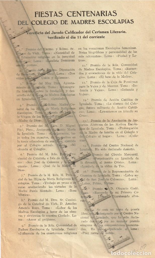 Coleccionismo: 1849/1950 Fiestas Centenarias Madres Escolapias Igualada Veredicto Jurado del Certamen Literario