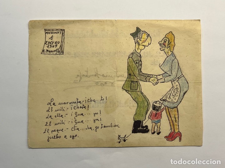 Coleccionismo: REGIMIENTO DE INFANTERIA BARBASTRO 43, curioso dibujo de un soldado a su novia (a.1947)