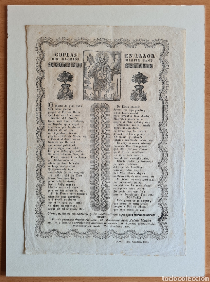 Coleccionismo: Antiguo Goigs Coplas Llaor Glori&oacute;s M&agrave;rtir Sant Aniol de Guja - a&ntilde;o 1863 - Imp. Olotense Olot