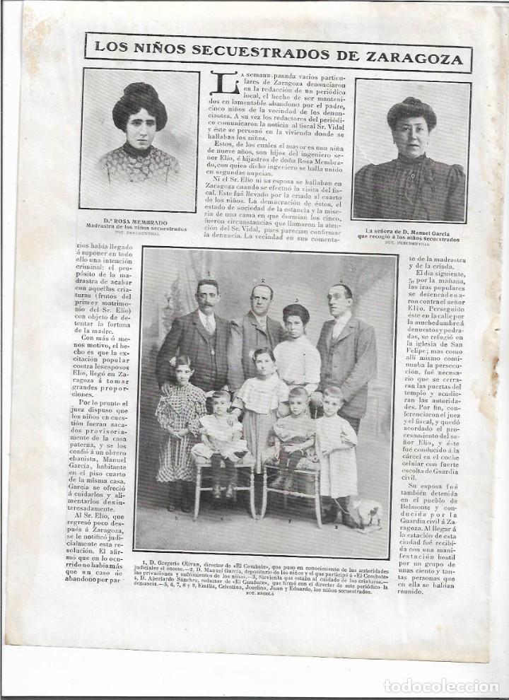 Coleccionismo: A&Ntilde;O 1907 RECORTE PRENSA SECUESTRO NI&Ntilde;OS EN ZARAGOZA GREGORIO OLIVAN EL COMBATE ROSA MEMBRADO
