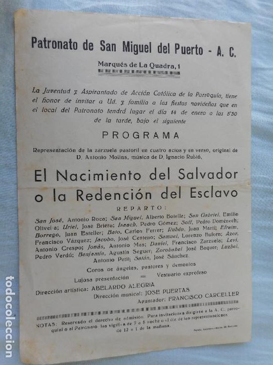 Coleccionismo: PROGRAMA PATRONATO SAN MIGUEL DEL PUERTO. NACIMIENTO DEL SALVADOR. ANTONIO MOLINS. IGNASIO RUBI&Oacute;