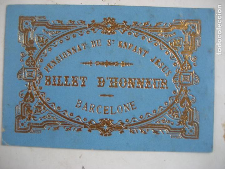 Coleccionismo: Reconocimiento Escolar, Barcelona. Billet D'Honneur. Pensionat du St Enfant Jesus.