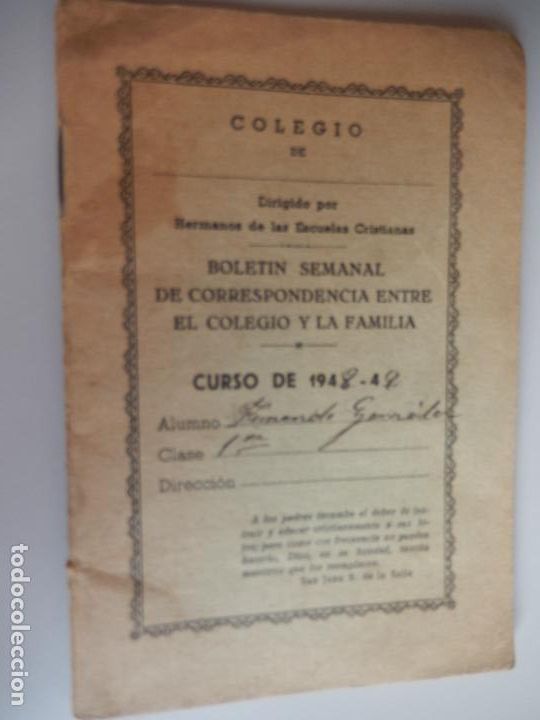 Coleccionismo: COLEGIO LA SALLE FELIPE BENITO SEVILLA-BOLET&Iacute;N SEMANAL ENTRE COLEGIO Y FAMILIA-CURSO 1948/49.