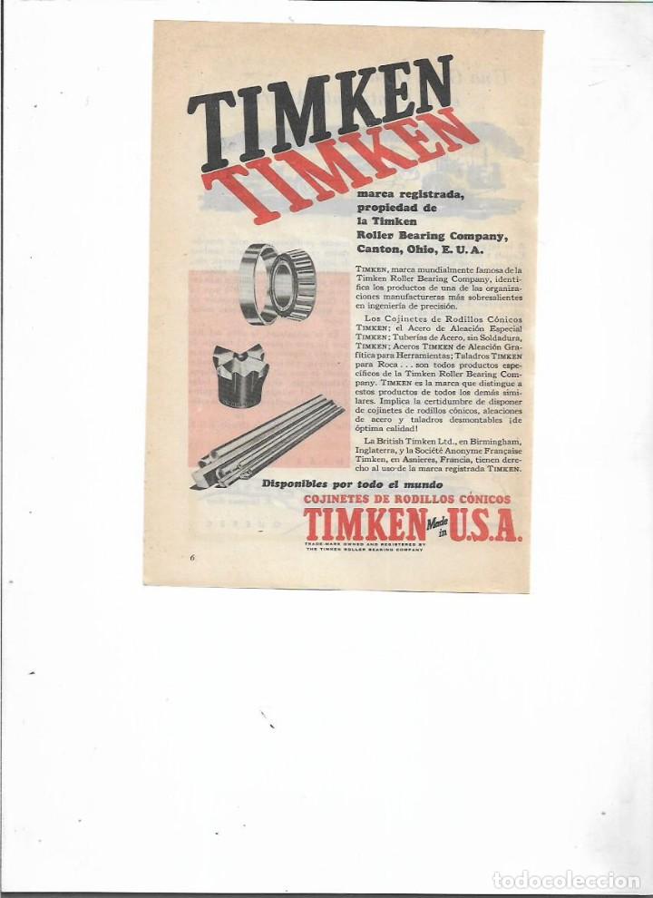 Colecionismo: A&Ntilde;O 1956 RECORTE PRENSA PUBLICIDAD COJINETES DE RODILLOS CONICOS TIMKEN OLALLA MOTOR IBERICA MAQUINA