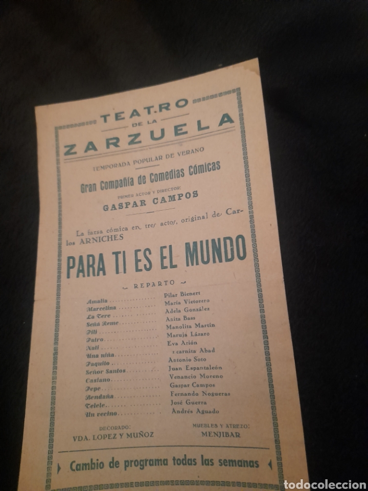 Collezionismo: Antiguo programa del Teatro de la Zarzuela, Para ti es el mundo
