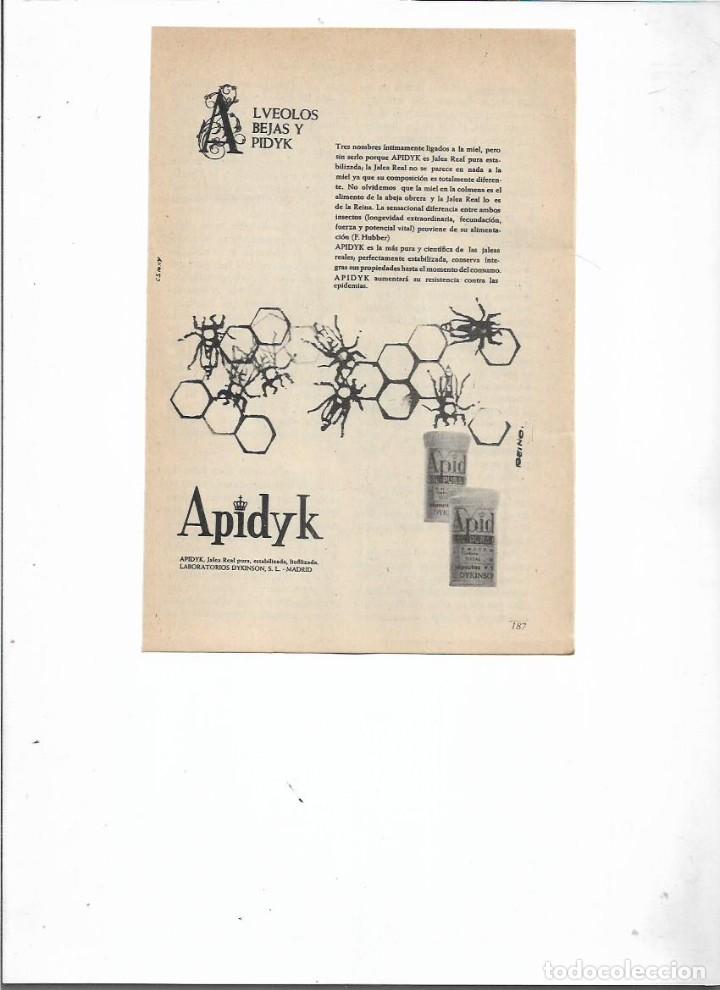 Coleccionismo: A&Ntilde;O 1957 RECORTE PRENSA PUBLICIDAD APIDYK ALVEOLOS ABEJAS JALEA REAL LABORATORIOS DYKINSON MADRID