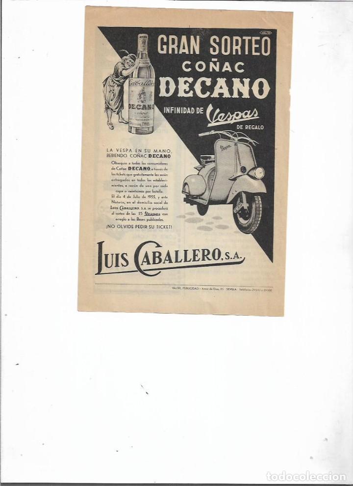 Coleccionismo: A&Ntilde;O 1955 RECORTE PRENSA PUBLICIDAD BEBIDAS CO&Ntilde;AC DECANO LUIS CABALLERO GRAN SORTEO VESPA