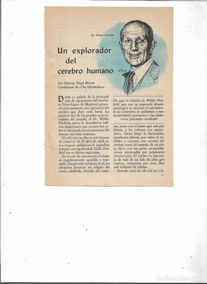 Coleccionismo: A&Ntilde;O 1958 RECORTE PRENSA WILDER PENFIELD NEUROCIRUGIA ESTUDIO CEREBRO HUMANO