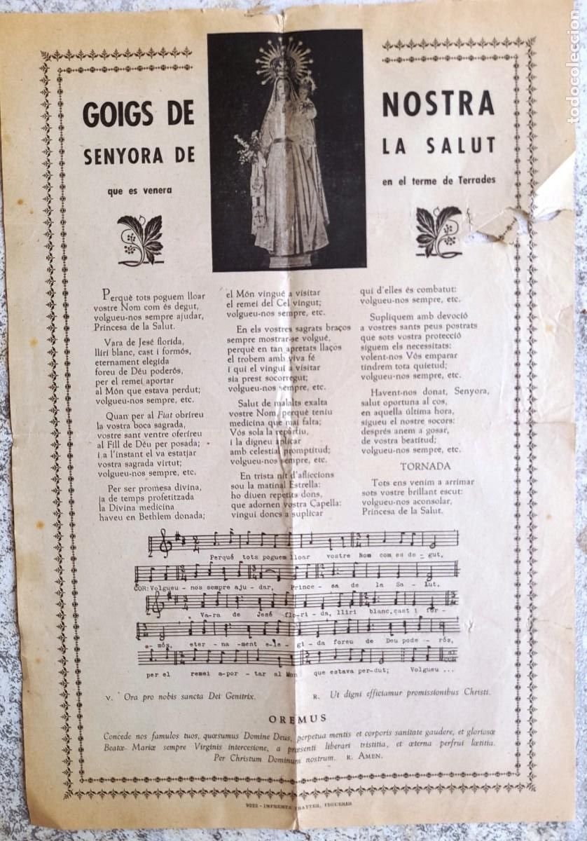 Coleccionismo: 30/39 ca. GOIGS NOSTRA SENYORA DE LA SALUT QUE ES VENERA EN EL TERME DE TERRADES (GIRONA) PARTITURA