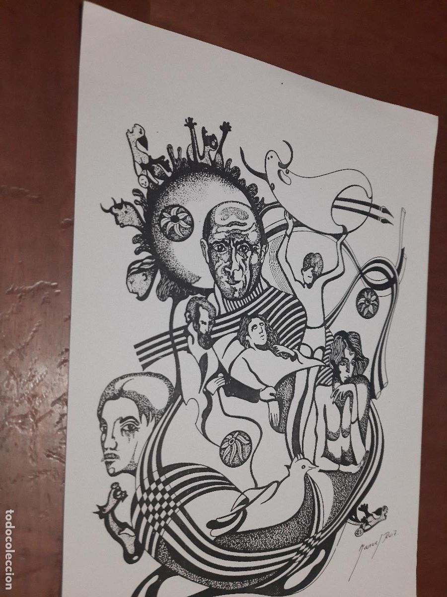 Sammelleidenschaft Papier: MANUEL RUIZ. PICASSO. L&Aacute;MINA DIBUJO EN BLANCO Y NEGRO. CARTULINA. FIRMADO POR DETR&Aacute;S