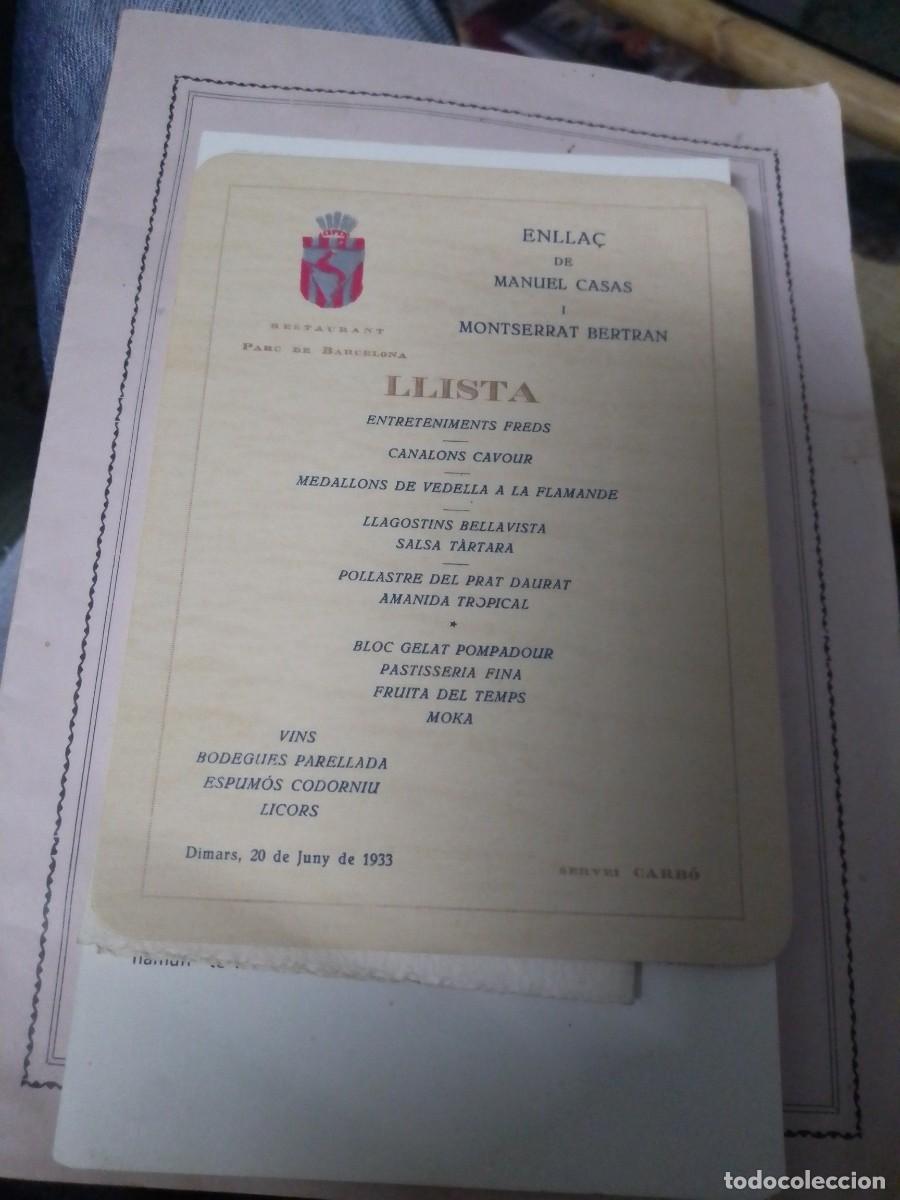 Men&uacute; de boda 1933 Barcelona