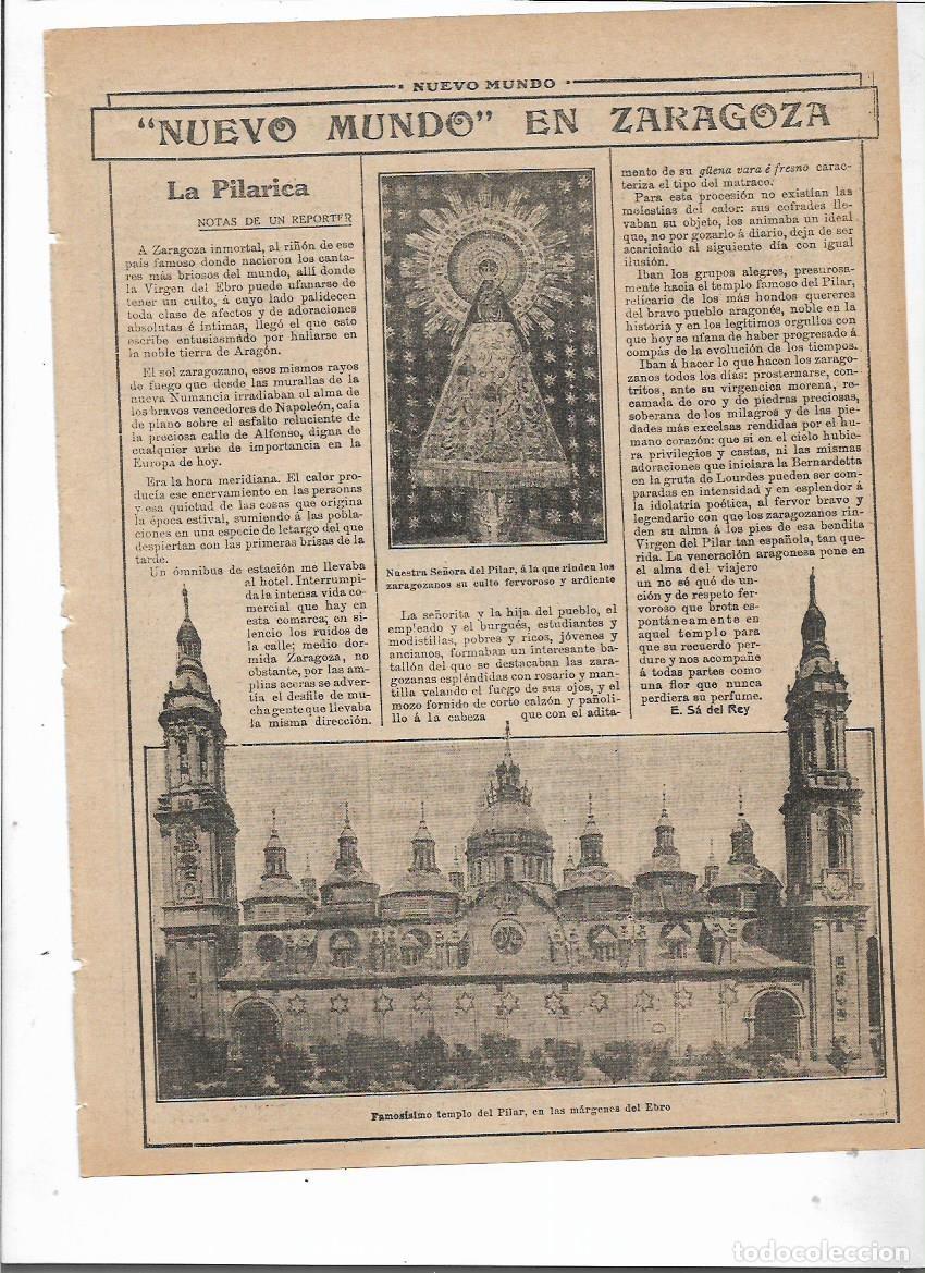 Coleccionismo: A&Ntilde;O 1913 RECORTE PRENSA LA PILARICA ZARAGOZA VIRGEN NUESTRA SE&Ntilde;ORA DEL PILAR