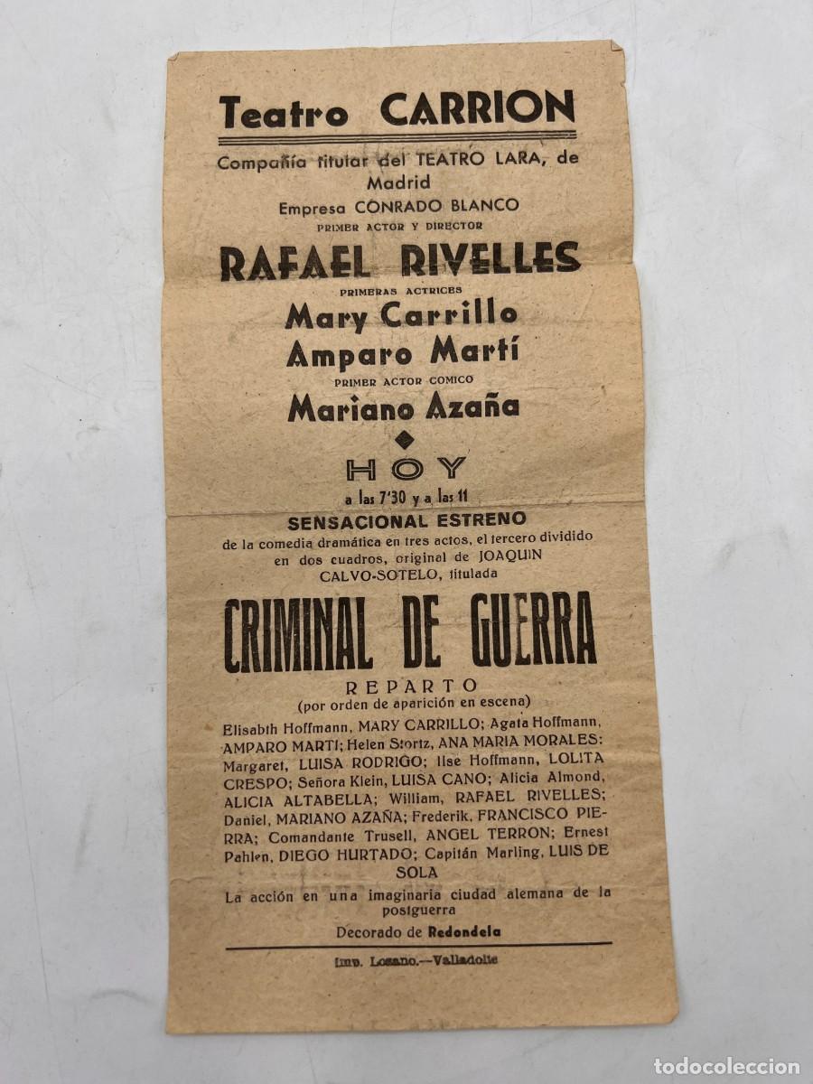 Coleccionismo: PROGRAMA DE TEATRO. TEATRO CARRION. OBRA CRIMINAL DE FUERRA. RAFAEL RIVELLES. VER FOTOS