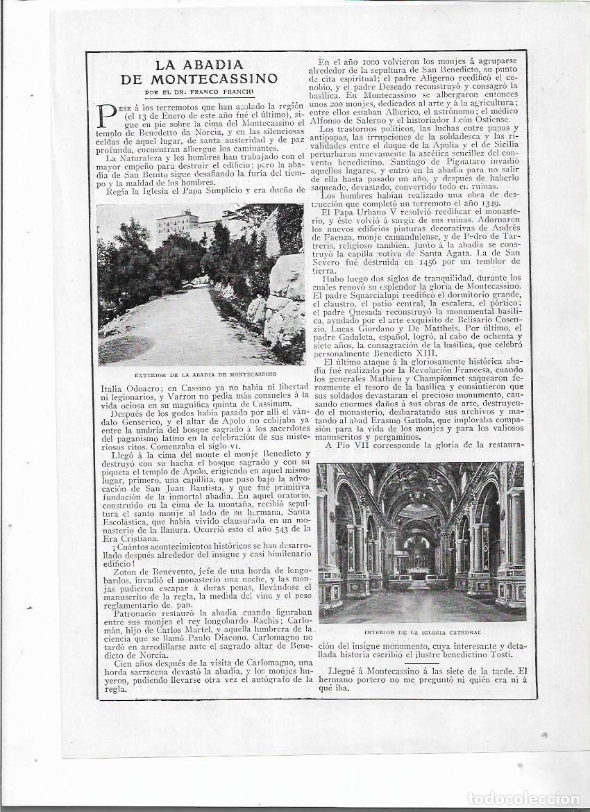 Collectionnisme: A&Ntilde;O 1915 RECORTE PRENSA LA ABADIA DE MONTECASSINO ITALIA IGLESIA CATEDRAL