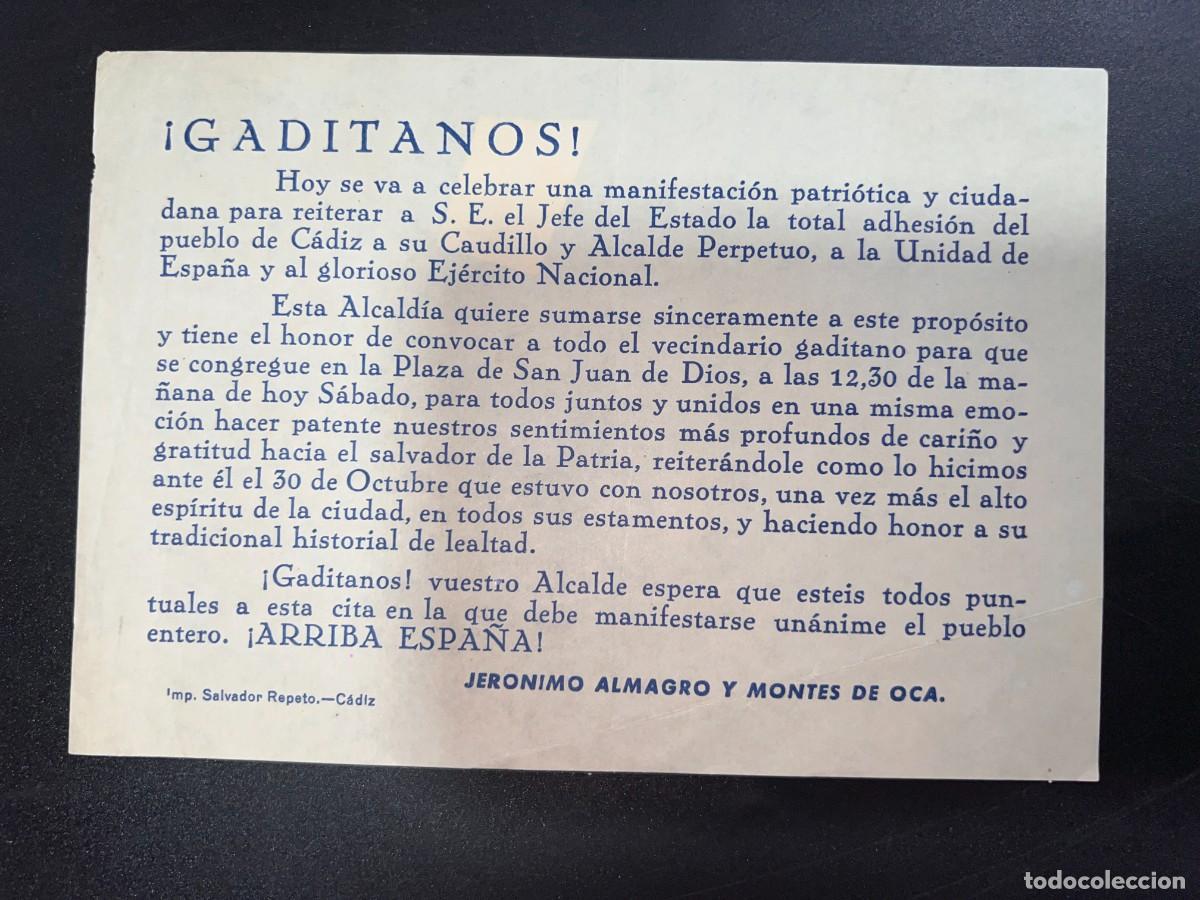 Coleccionismo: JERONIMO ALMAGRO MONTES DE OCA. C&Aacute;DIZ. PROPAGANDA MANIFESTACION ADHESION AL CAUDILLO