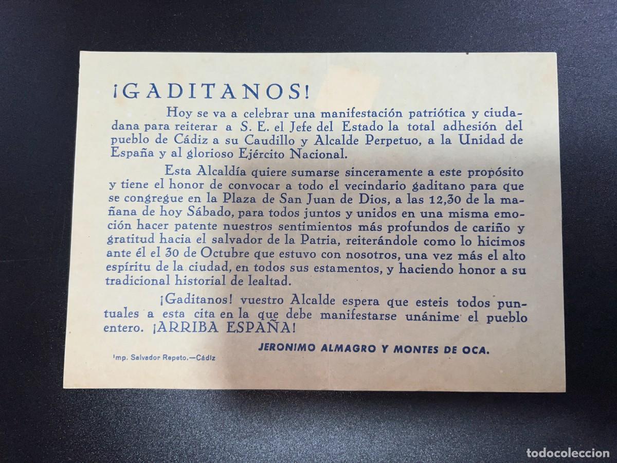 Coleccionismo: JERONIMO ALMAGRO MONTES DE OCA. C&Aacute;DIZ. PROPAGANDA MANIFESTACION ADHESION AL CAUDILLO