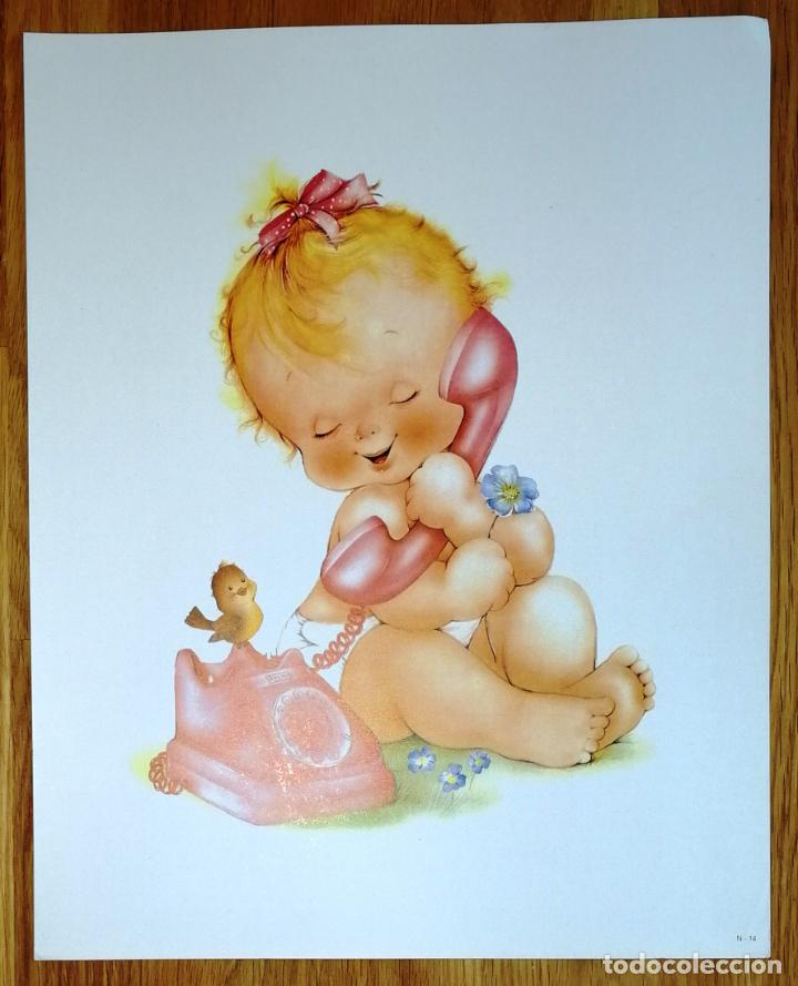 Collezionismo: L&Aacute;MINA. N&ordm; 14 : Ni&ntilde;a, beb&eacute; con p&aacute;jaro, tel&eacute;fono rojo, flor. - 1990?