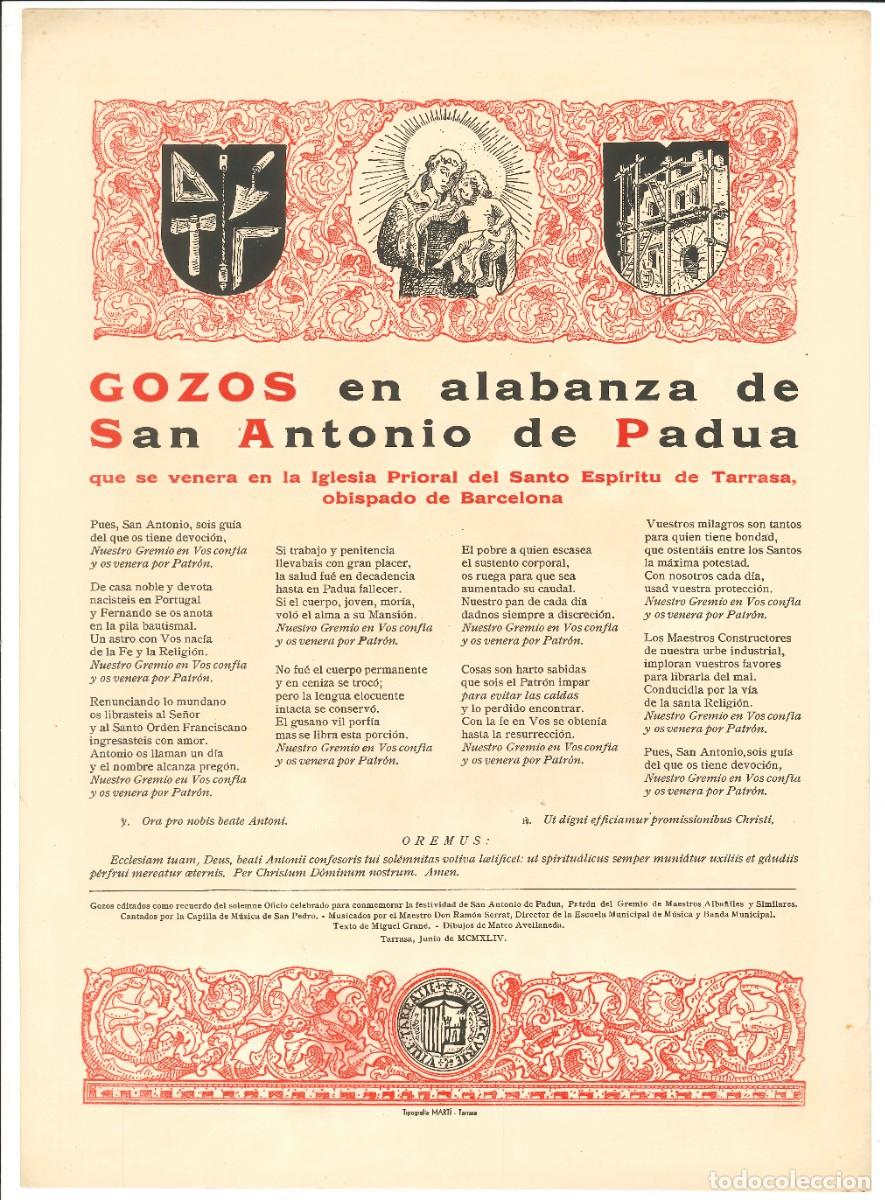 Coleccionismo: GOZOS.- ALABANZA DE SAN ANTONIO DE PADUA. IGLESIA DEL SANTO ESP&Iacute;RITU DE TARRASA. 1944