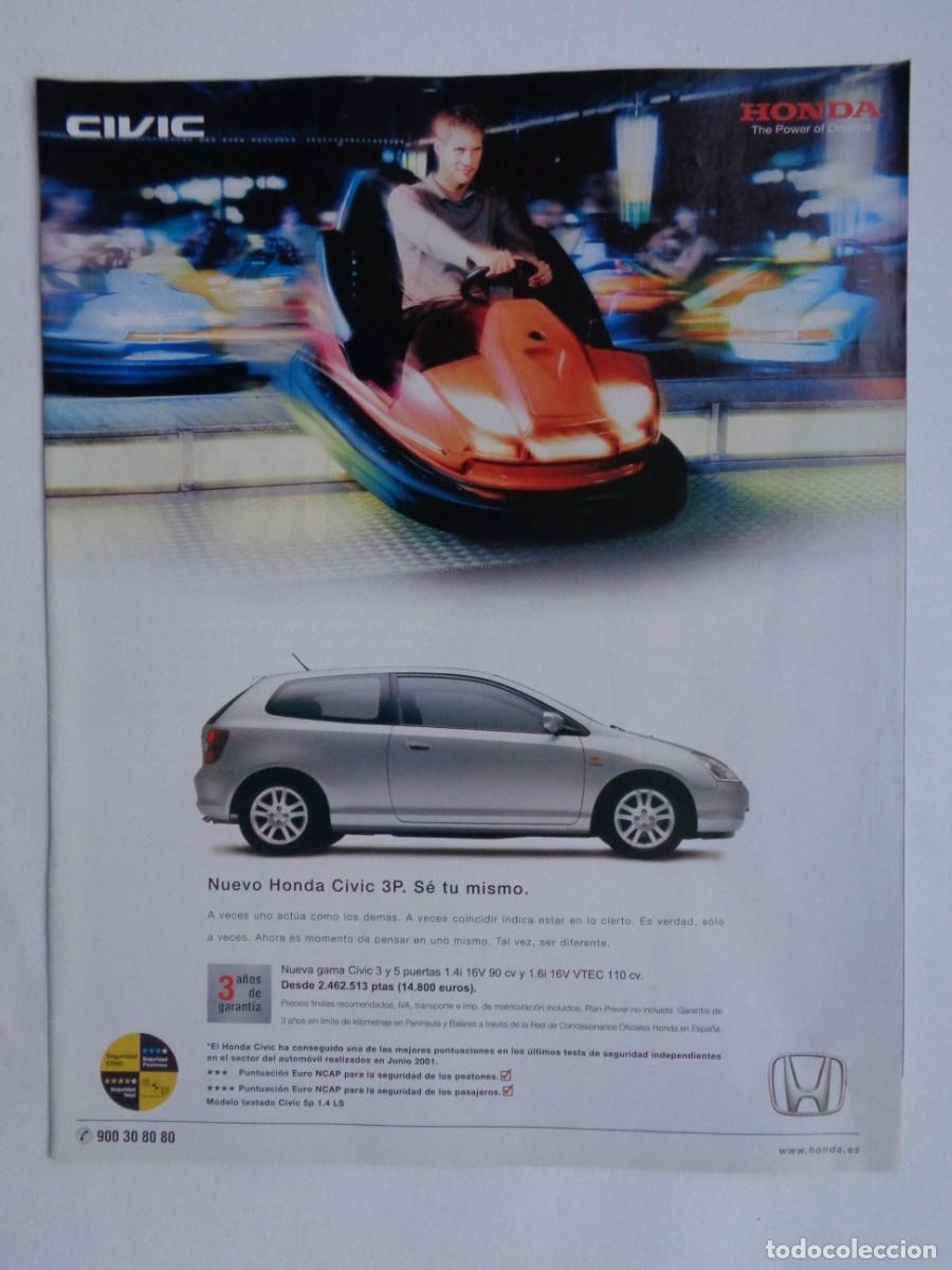 Coleccionismo: HOJA DE REVISTA CON ANUNCIO PUBLICITARIO DE COCHE HONDA CIVIC 3P