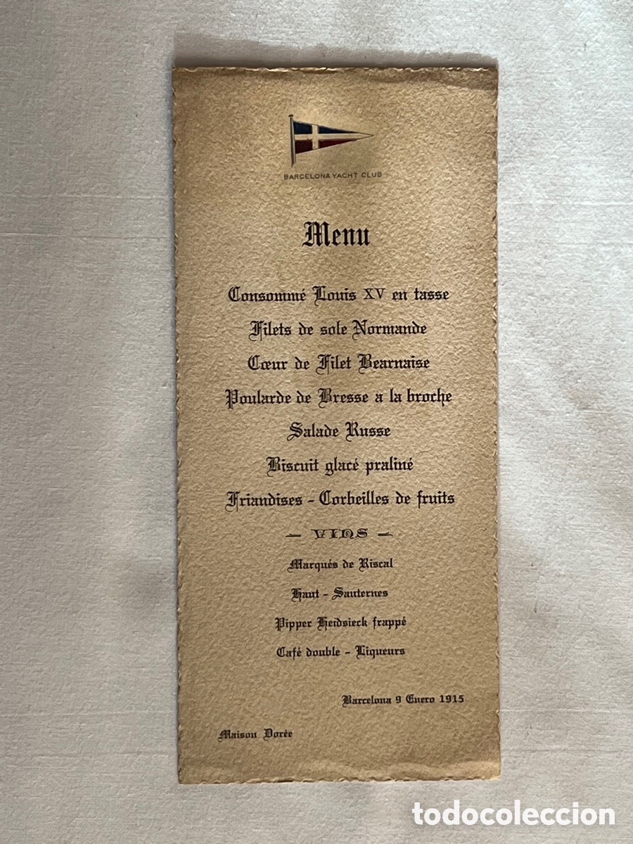 Coleccionismo: MAISON DOREE. YACHT CLUB Barcelona. Carta Men&uacute;. Enero de 1915