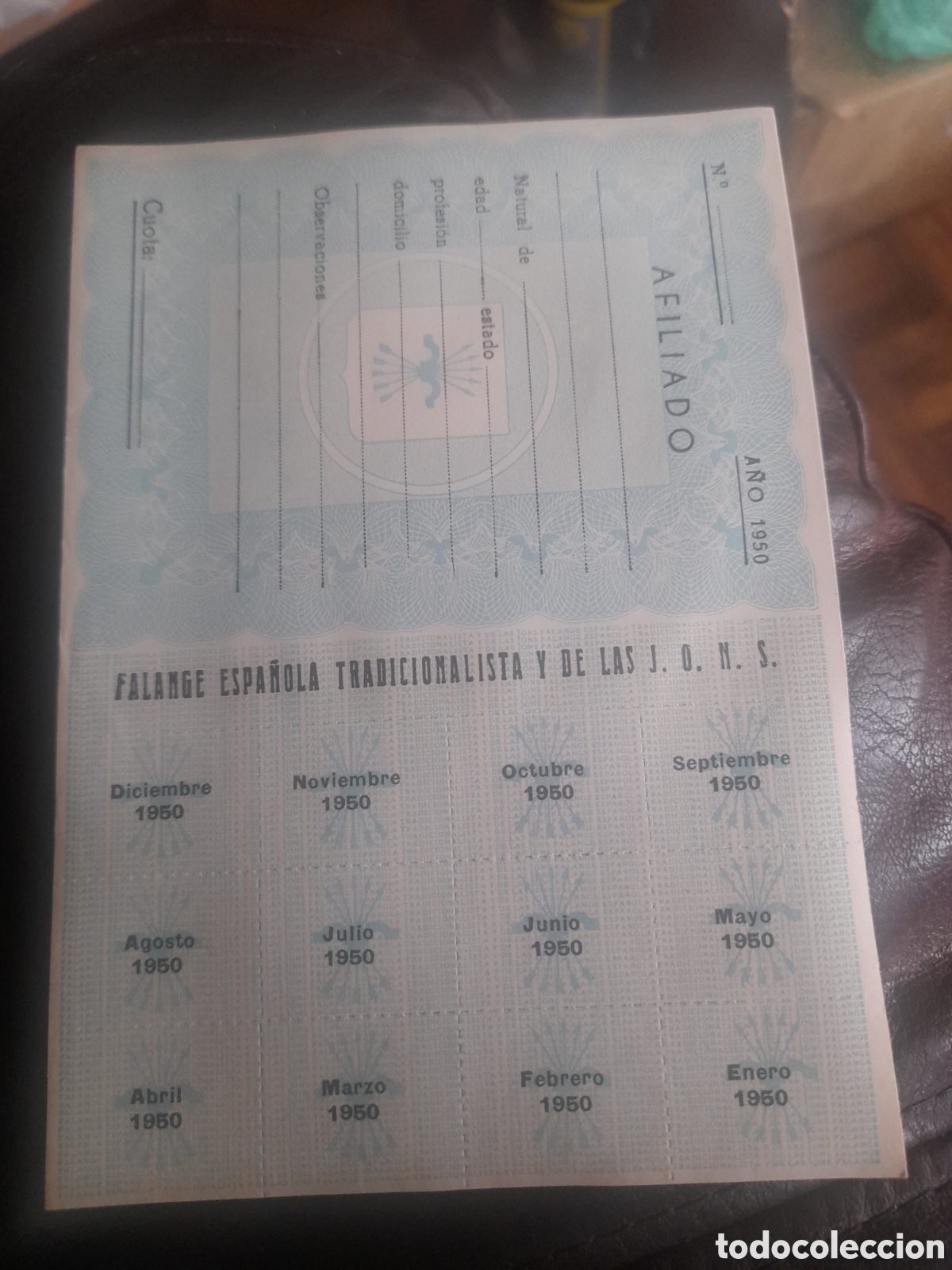 Coleccionismo: Hoja carnet de afiliaci&oacute;n a Falange Tradicionalista, 1950