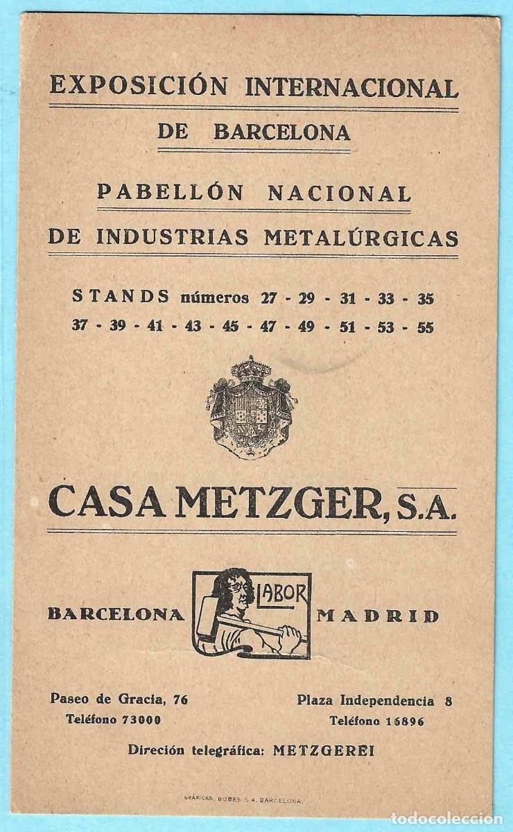 Coleccionismo: CASA METZGER, S. A. EXPOSICI&Oacute;N INTERNACIONAL DE BARCELONA. PABELL&Oacute;N NACIONAL DE INDUSTRIAS... 1929