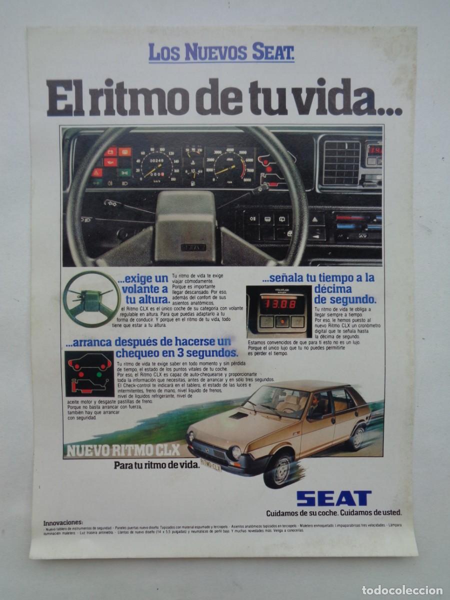 Coleccionismo: HOJA DE REVISTA CON ANUNCIO PUBLICITARIO DE COCHE SEAT RITMO CLX. A&Ntilde;OS 80