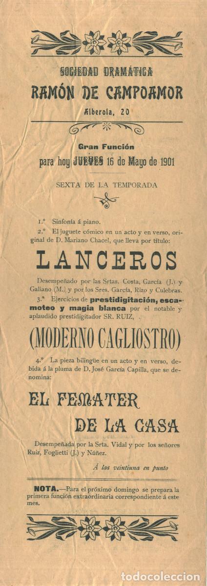 Coleccionismo: Lanceros & Moderno Cagliostro & El Femater de la casa (Sdad Dram&aacute;tica Ram&oacute;n de Campoamor. 1901)