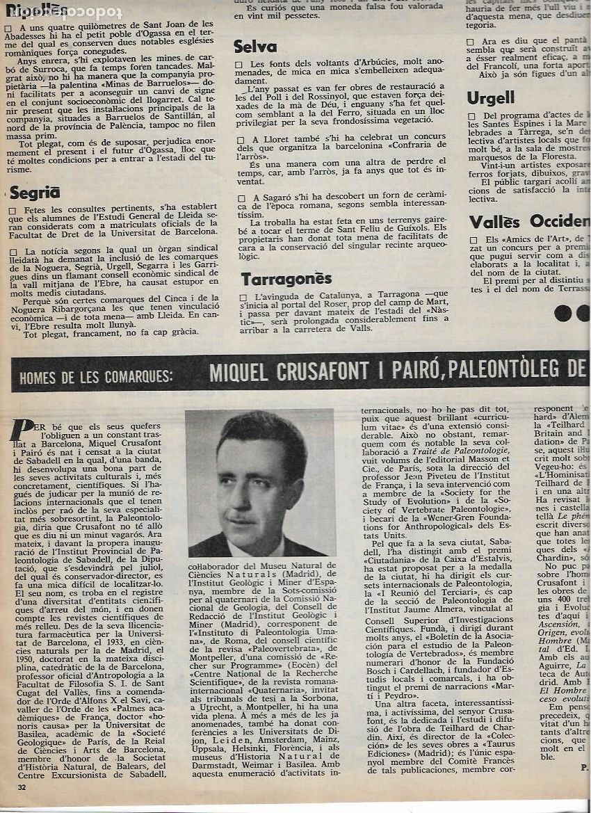 Sammelleidenschaft Papier: A&Ntilde;O 1969 RECORTE PRENSA MIQUEL CRUSAFONT PALEONTOLOGO DE SABADELL PALEONTOLOGIA