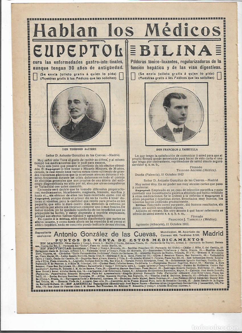 Collectionnisme: A&Ntilde;O 1912 RECORTE PRENSA PUBLICIDAD EUPEPTOL BILINA DR TEODORO AGUIRRE FRANCISCO TARRUELLA FARMACIA