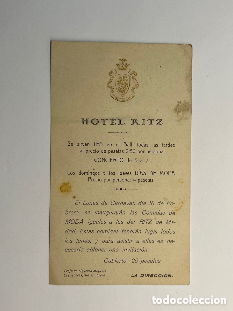 Coleccionismo: HOTEL RITZ.. Se sirven TES en el hall todas las tardes. Carta Menu. Comidas de Moda&hellip; (h.1920?)