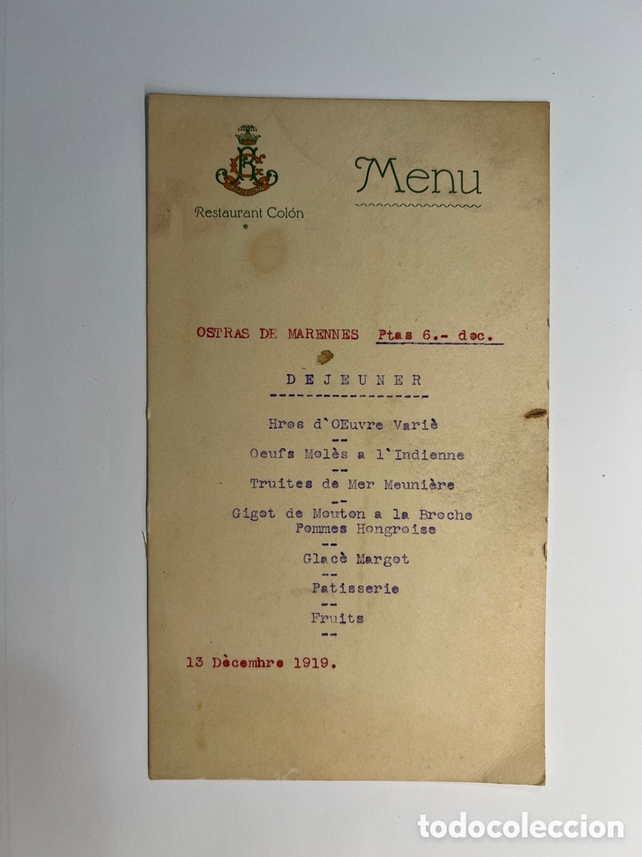 Coleccionismo: BARCELONA.. Restaurant Col&oacute;n&hellip; Carta Men&uacute;.. DEJEUNER.. Ostras de Marennes 6ptas- 1/12 (a.1919)