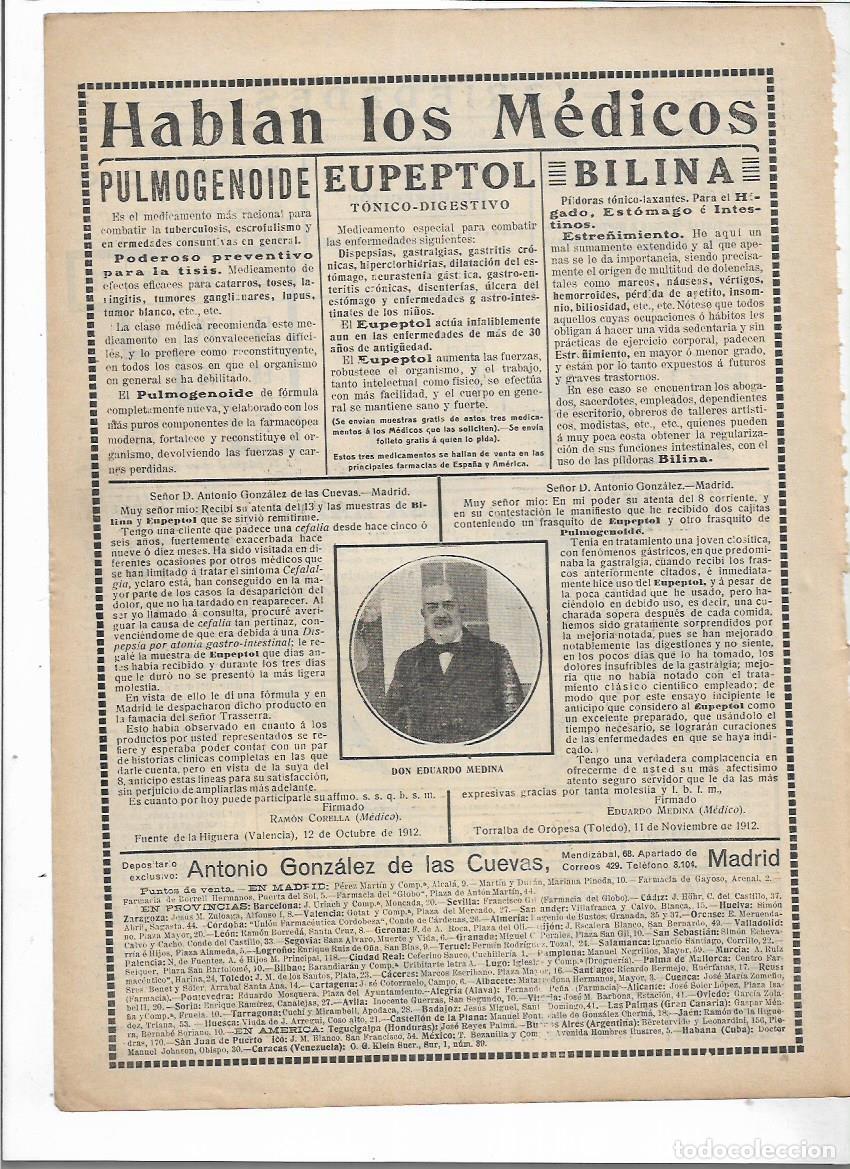 Collectionnisme: A&Ntilde;O 1912 RECORTE PRENSA PUBLICIDAD PULMOGENOIDE EUPEPTOL BILINA DON EDUARDO MEDINA